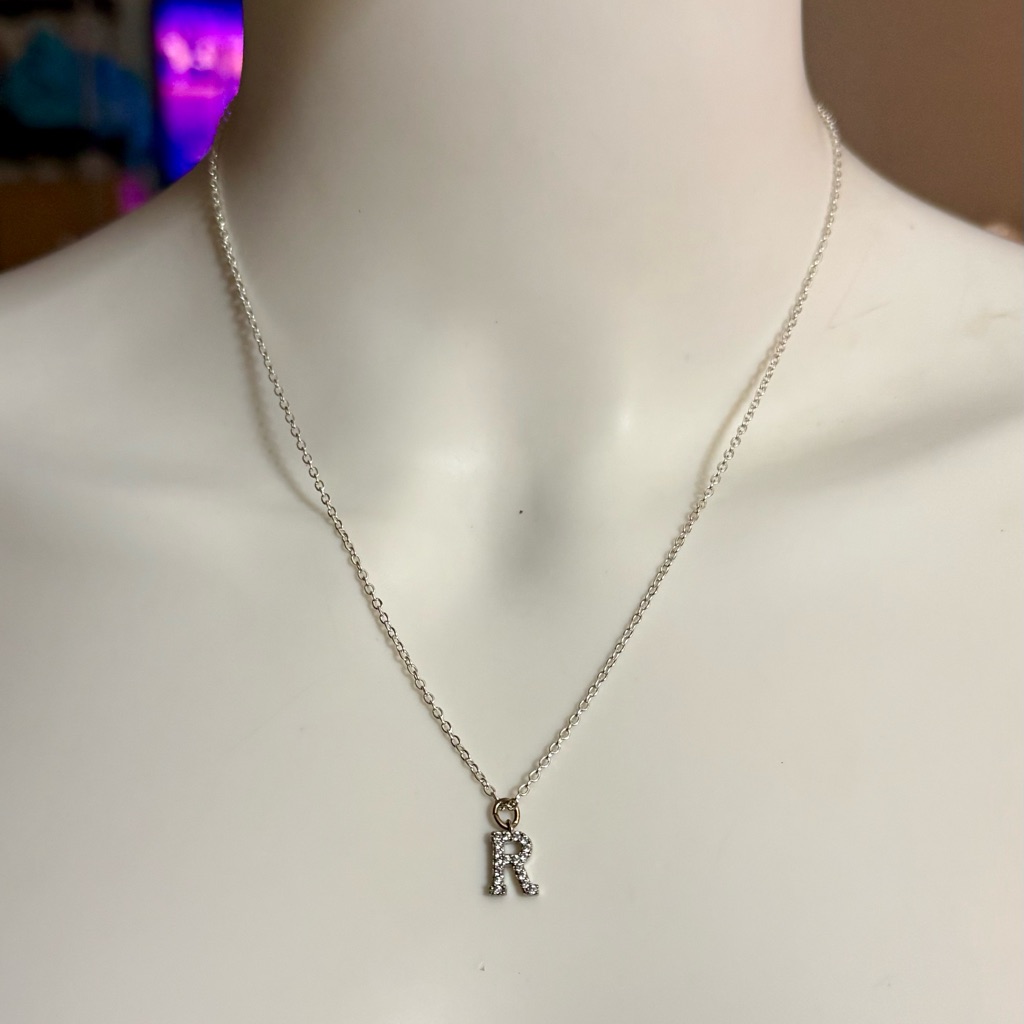 .925 Genuine Sterling Silver Dainty Minimalist Pave Crystal Letter R Necklace